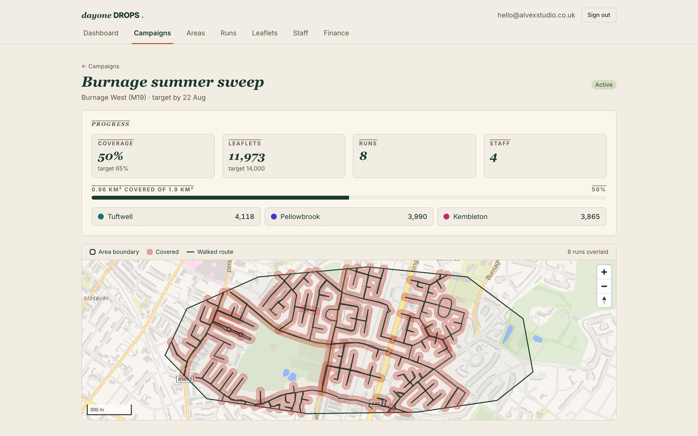 A DayOne Drops campaign coverage map, showing the walked routes and the streets covered inside a campaign area boundary, with coverage, leaflet and run totals above it